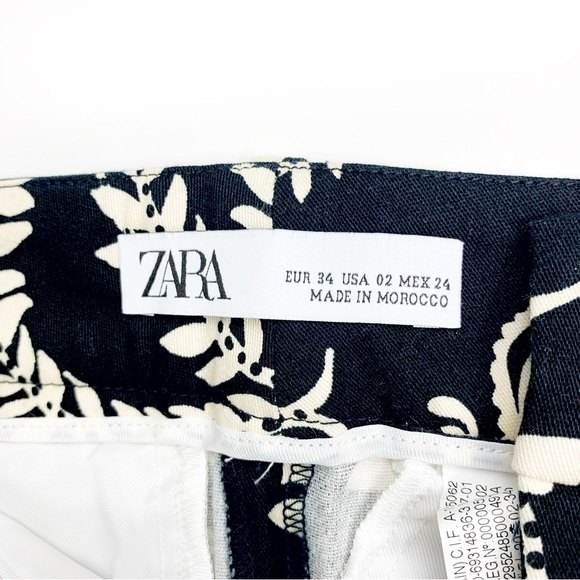 ZARA Printed Ankle Pants | Black Cream Tropical Floral | 97% Cotton Stretch | 2 - Picture 11 of 14